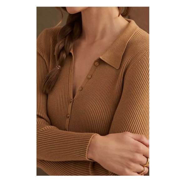 Anthropologie Maeve Ribbed Slim Cardigan Honey Brown XS Petite XSP - Picture 4 of 9